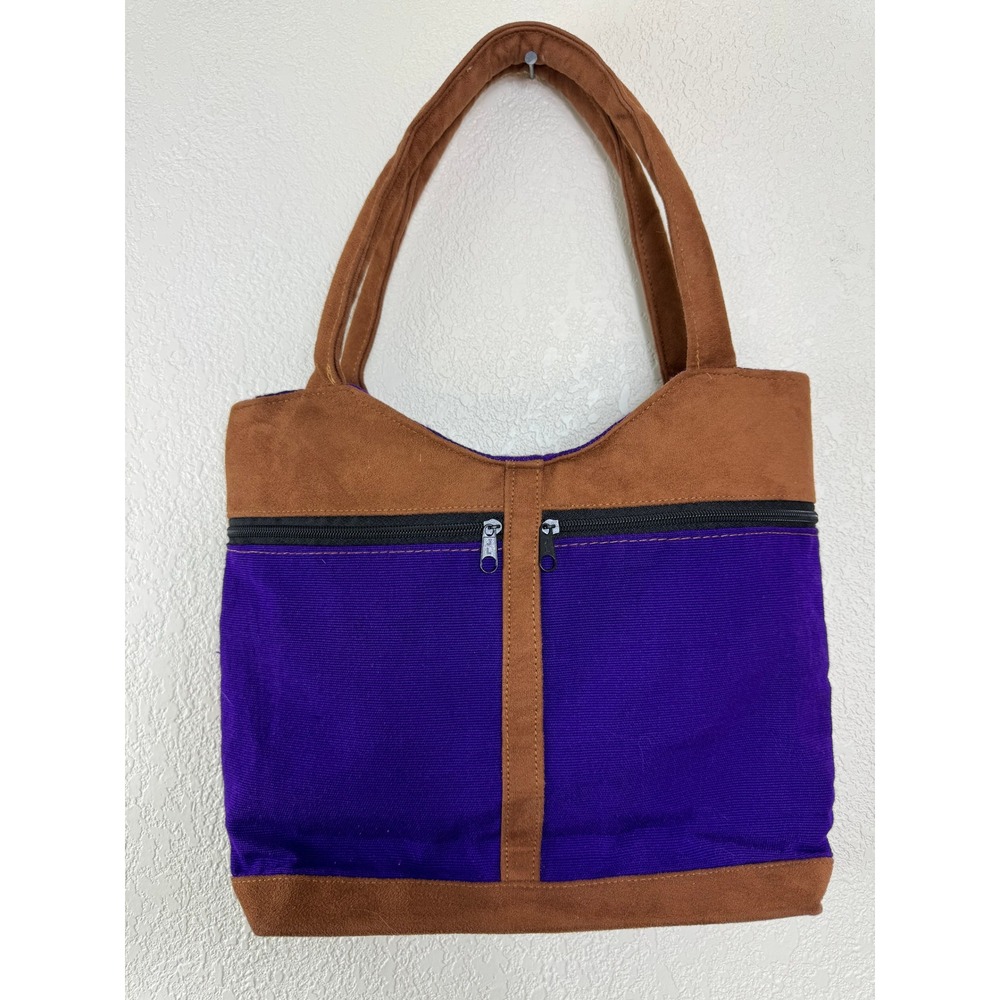 Floral‎ Embroidered Canvas Tote Bag Purple Brown Faux Suede Boho Shoulder Bag - Picture 4 of 6